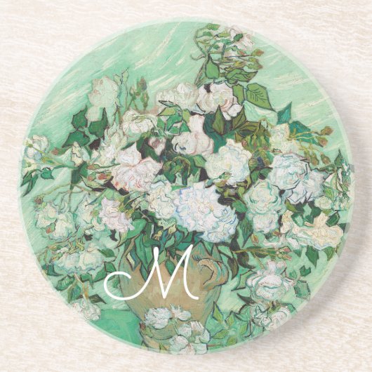 Van Gogh Vase met roze rozen  Art Monogram Zandsteen Onderzetter (Voorkant)