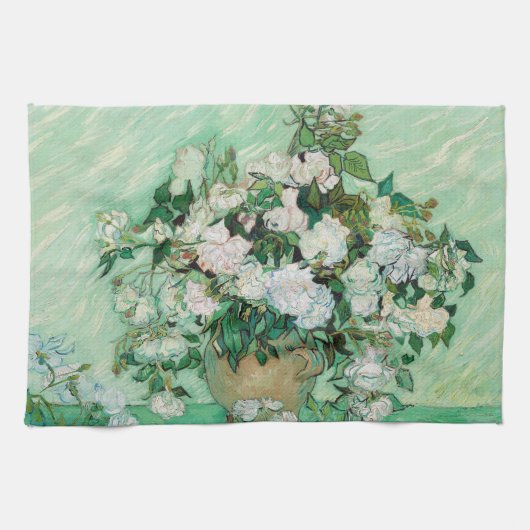 Van Gogh Vase met roze rozen bloemen schilderen Theedoek (Horizontaal)