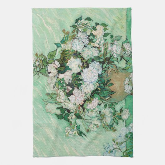 Van Gogh Vase met roze rozen bloemen schilderen Theedoek (Verticaal)