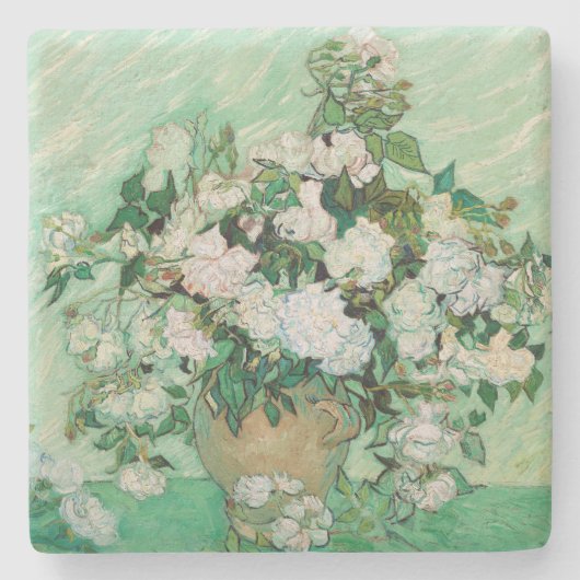 Van Gogh Vase met roze rozen  bloemkunst Stenen Onderzetter (Voorkant)