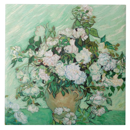 Van Gogh Vase met roze rozen  bloemkunst Tegeltje (Voorkant)