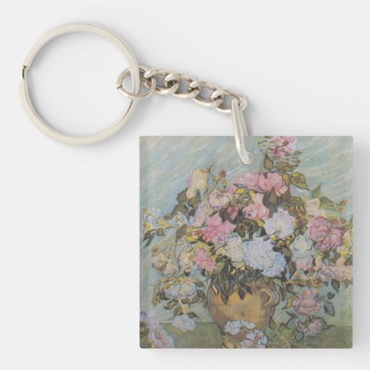 Van Gogh Vase met roze rozen Sleutelhanger (voorkant)