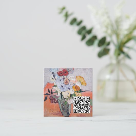 Van Gogh - Vase met Rozen en annemonen - QR-code Vierkante Visitekaartje (Staand voorkant)