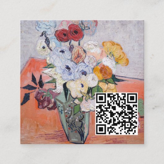 Van Gogh - Vase met Rozen en annemonen - QR-code Vierkante Visitekaartje (Voorkant)