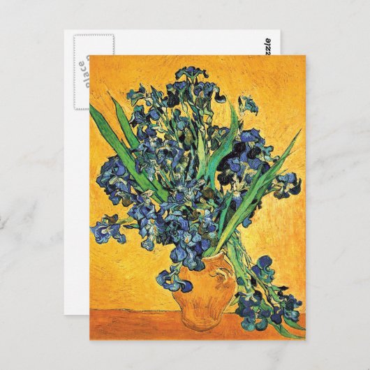 Van Gogh - Vase with Irises Yellow Background Briefkaart (Voorkant / Achterkant)