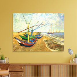 Van Gogh Vist Boats op strand bij Saintes Maries Canvas Afdruk