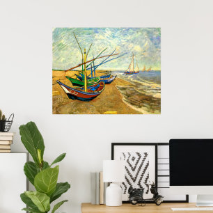 Van Gogh Vist Boats op strand bij Saintes Maries Poster