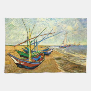 Van Gogh Vist Boats op strand bij Saintes Maries Theedoek