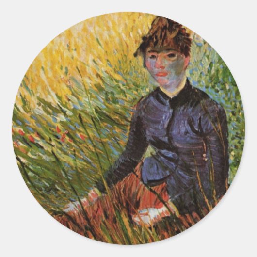 Van Gogh; Vrouw zittend in gras, Klassieke Kunst Ronde Sticker (Voorkant)