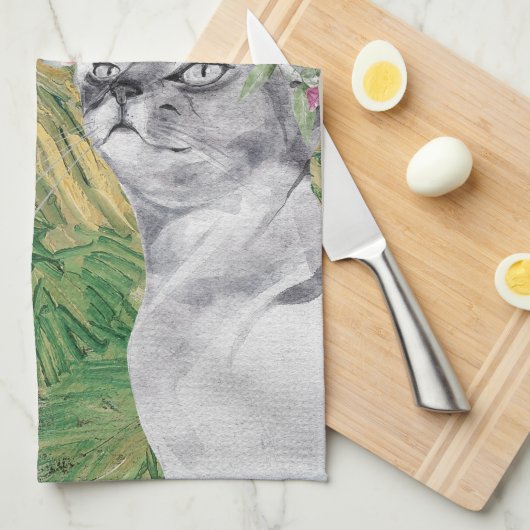 Van Gogh Wheat Field en Fancy kat Theedoek (Quarter Fold)