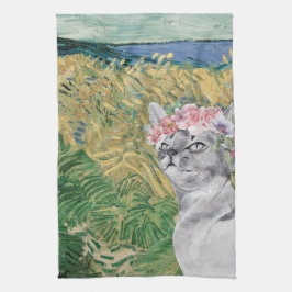 Van Gogh Wheat Field en Fancy kat Theedoek