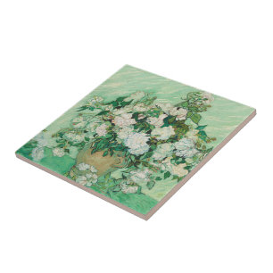 Van Gogh Witte Rozen - Vintage Mint Bloemschilderk Tegeltje