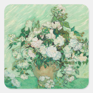 Van Gogh Witte Rozen - Vintage Mint Bloemschilderk Vierkante Sticker