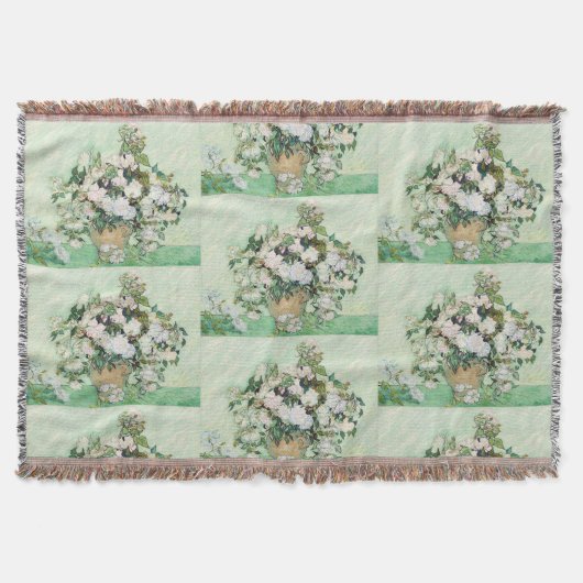 Van Gogh Witte Rozen - Vintage Munt Bloemschilderk Deken (Voorkant)