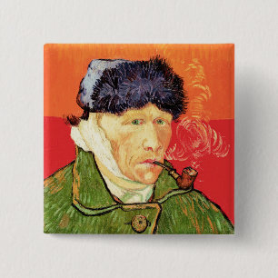 Van Gogh - Zelfportret met verbonden oor en pijp Vierkante Button 5,1 Cm