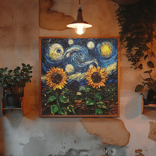 Van Gogh Zonnebloemen en sterrennacht Poster