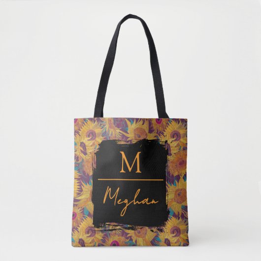 Van Gogh Zonnebloemen Geel Violet Monogram Tote Bag (Voorkant)