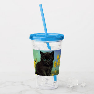 Van Gogh Zwart Kat Geel Bloemen Acryl Drinkbeker