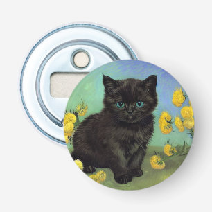 Van Gogh Zwart Kat Geel Bloemen Button Flesopener