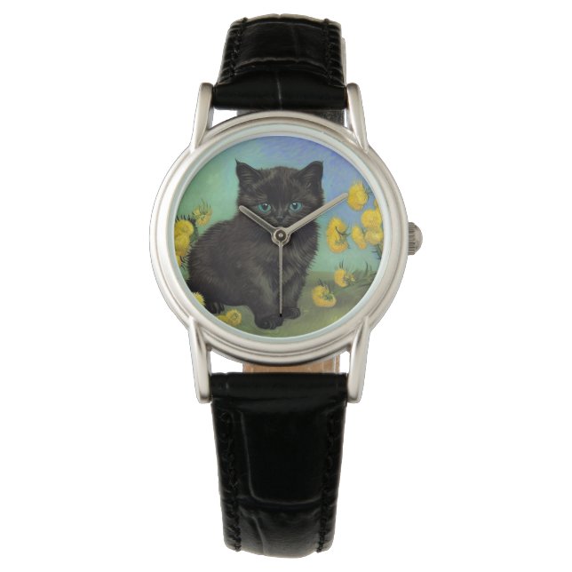 Van Gogh Zwart Kat Geel Bloemen Horloge (Voorkant)