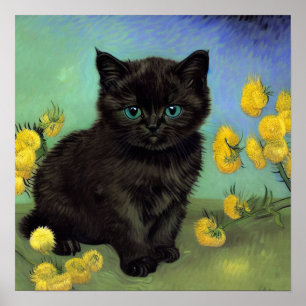 Van Gogh Zwart Kat Geel Bloemen Poster