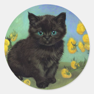 Van Gogh Zwart Kat Geel Bloemen Ronde Sticker