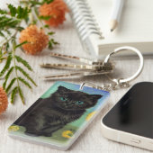 Van Gogh Zwart Kat Geel Bloemen Sleutelhanger (Voorkant Rechts)