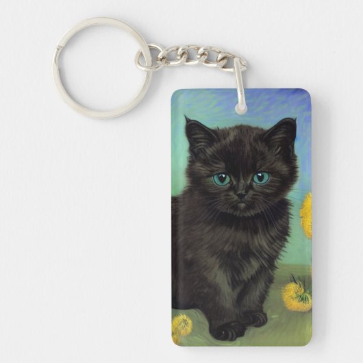 Van Gogh Zwart Kat Geel Bloemen Sleutelhanger (Voorkant)