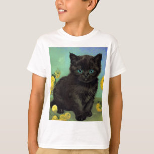 Van Gogh Zwart Kat Geel Bloemen T-shirt