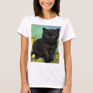 Van Gogh Zwart Kat Geel Bloemen T-shirt