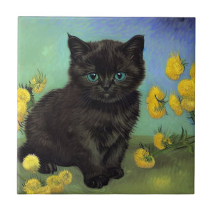 Van Gogh Zwart Kat Geel Bloemen Tegeltje