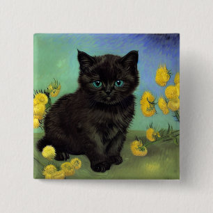 Van Gogh Zwart Kat Geel Bloemen Vierkante Button 5,1 Cm