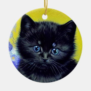 Van Gogh Zwart Kat Paarse Bloemen Keramisch Ornament