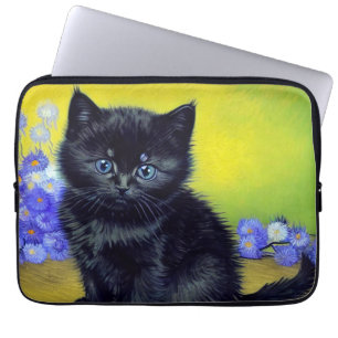Van Gogh Zwart Kat Paarse Bloemen Laptop Sleeve