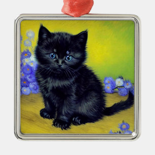 Van Gogh Zwart Kat Paarse Bloemen Metalen Ornament