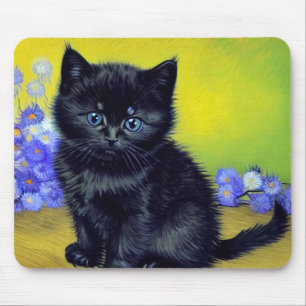 Van Gogh Zwart Kat Paarse Bloemen Muismat