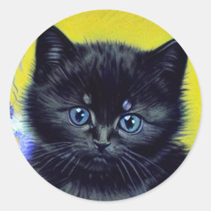 Van Gogh Zwart Kat Paarse Bloemen Ronde Sticker