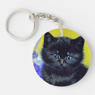 Van Gogh Zwart Kat Paarse Bloemen Sleutelhanger