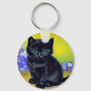 Van Gogh Zwart Kat Paarse Bloemen Sleutelhanger