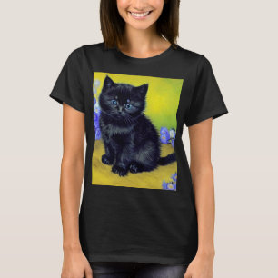 Van Gogh Zwart Kat Paarse Bloemen T-shirt