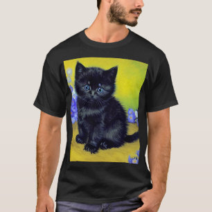 Van Gogh Zwart Kat Paarse Bloemen T-shirt