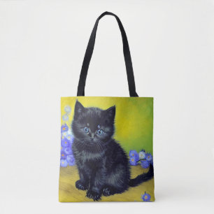 Van Gogh Zwart Kat Paarse Bloemen Tote Bag