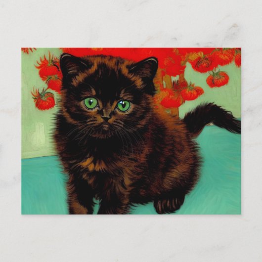 Van Gogh Zwart Kat Rood Bloemen Briefkaart (Voorkant)