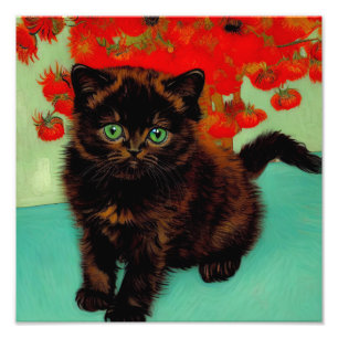 Van Gogh Zwart Kat Rood Bloemen Foto Afdruk