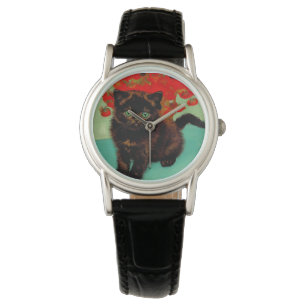 Van Gogh Zwart Kat Rood Bloemen Horloge