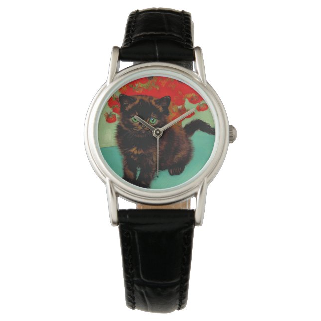 Van Gogh Zwart Kat Rood Bloemen Horloge (Voorkant)
