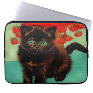 Van Gogh Zwart Kat Rood Bloemen Laptop Sleeve
