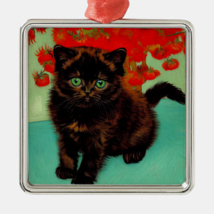 Van Gogh Zwart Kat Rood Bloemen Metalen Ornament