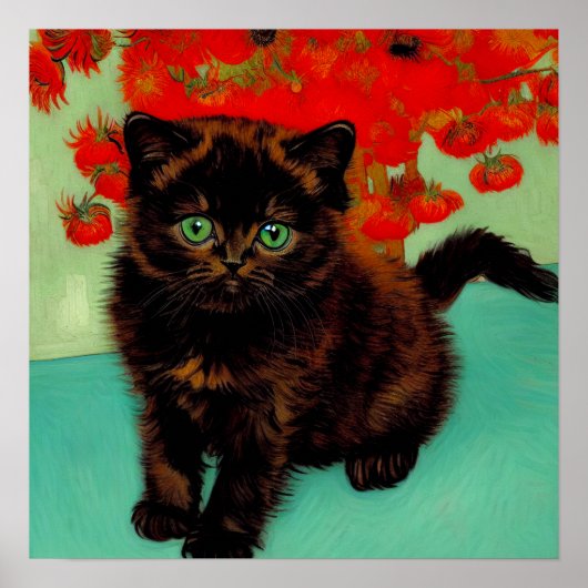 Van Gogh Zwart Kat Rood Bloemen Poster (Voorkant)