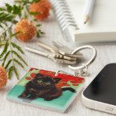 Van Gogh Zwart Kat Rood Bloemen Sleutelhanger (Voorkant Rechts)